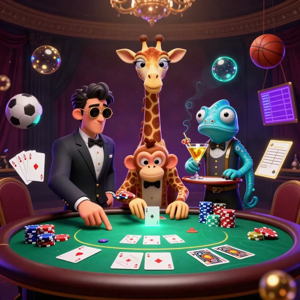 Giraffe, monkey, and chameleon at a glowing VIP poker table with chips, cards, and casino luxury
