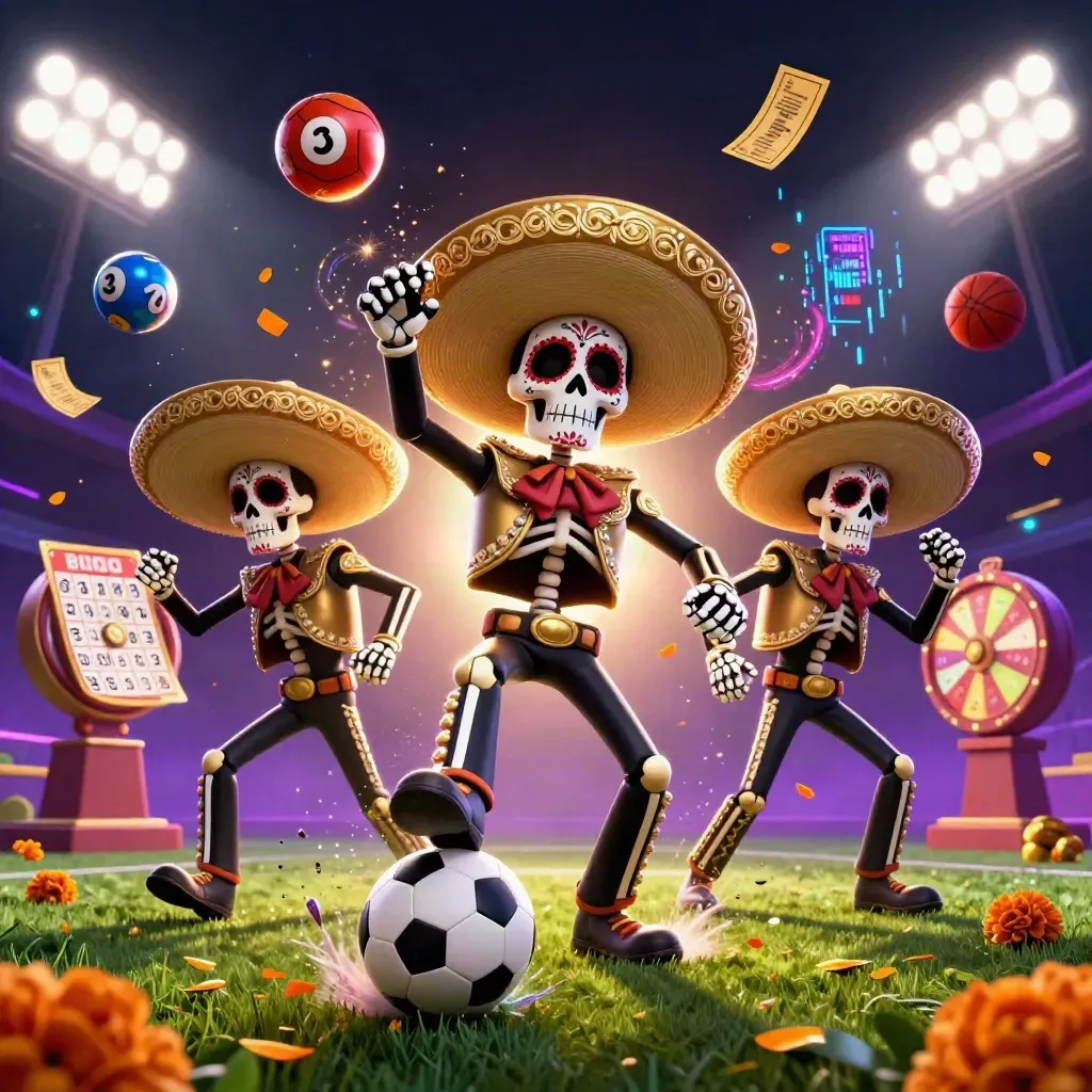 Skeleton mariachi trio amid casino bursts, frozen soccer ball, neon gold lights, and falling petals.