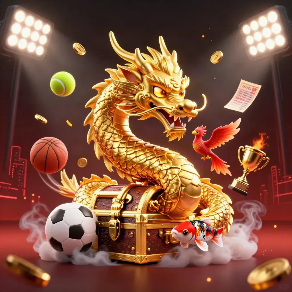 Golden dragon, phoenix, and koi amid flying sports balls, coins, trophy, and stadium lights.