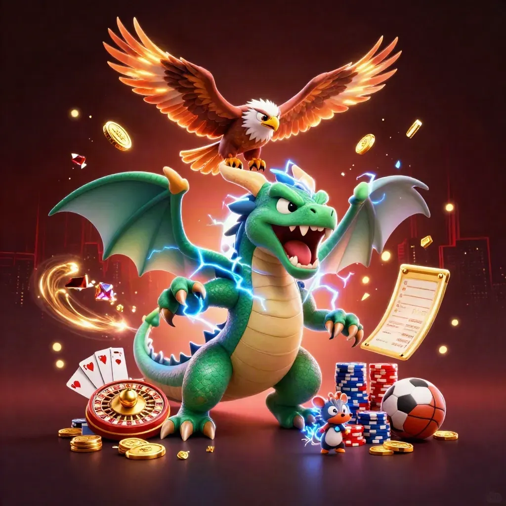 Thunder dragon, wind hawk, and mouse amid casino treasures, lightning, skyline glow, and sports bets.
