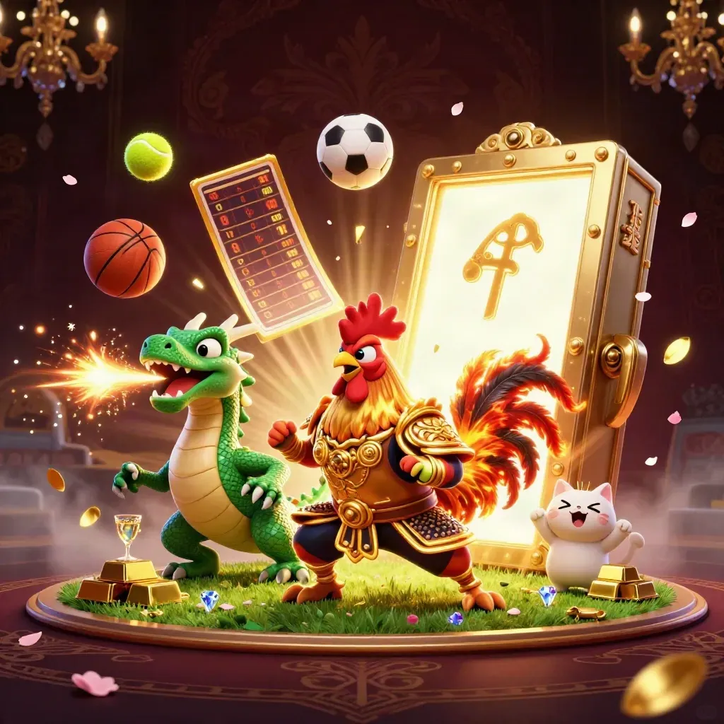 Rooster samurai, dragon hatchling, and fortune-cat amid gold, balls, and vault light.