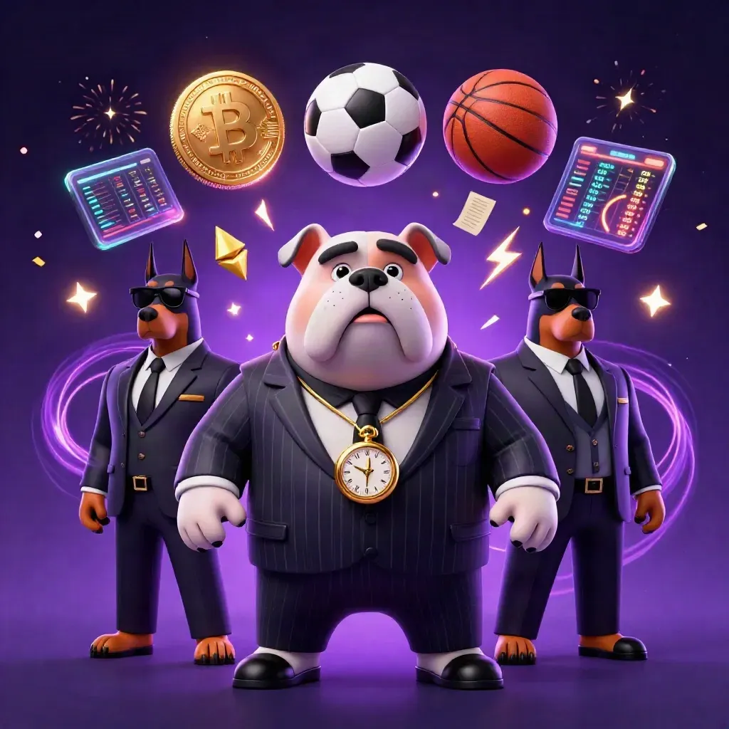 Bulldog boss and two Dobermans amid neon coins, sports balls, lightning, and casino energy.