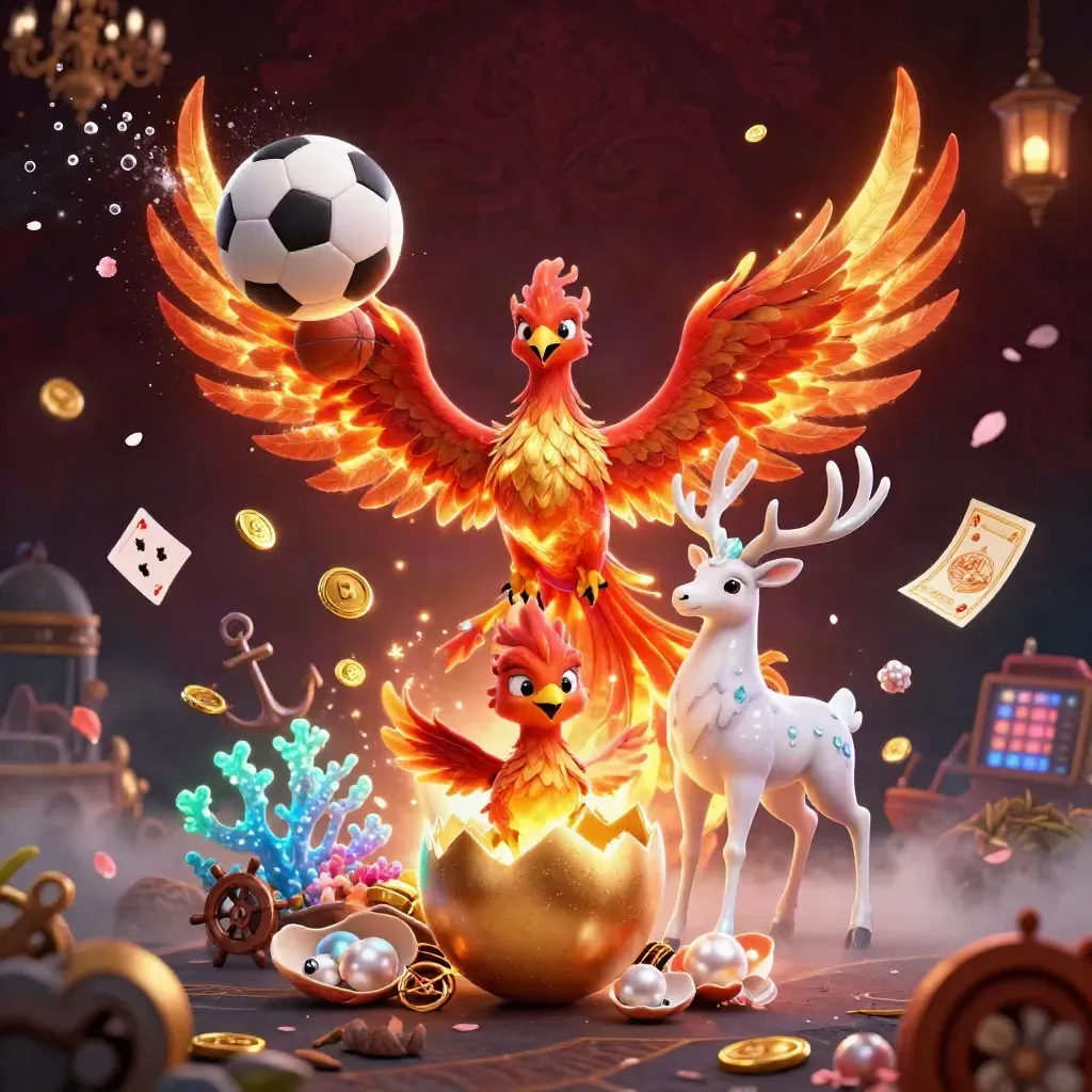 Phoenix, stag and treasure cove fantasy with soccer ball, basketball and casino glow.