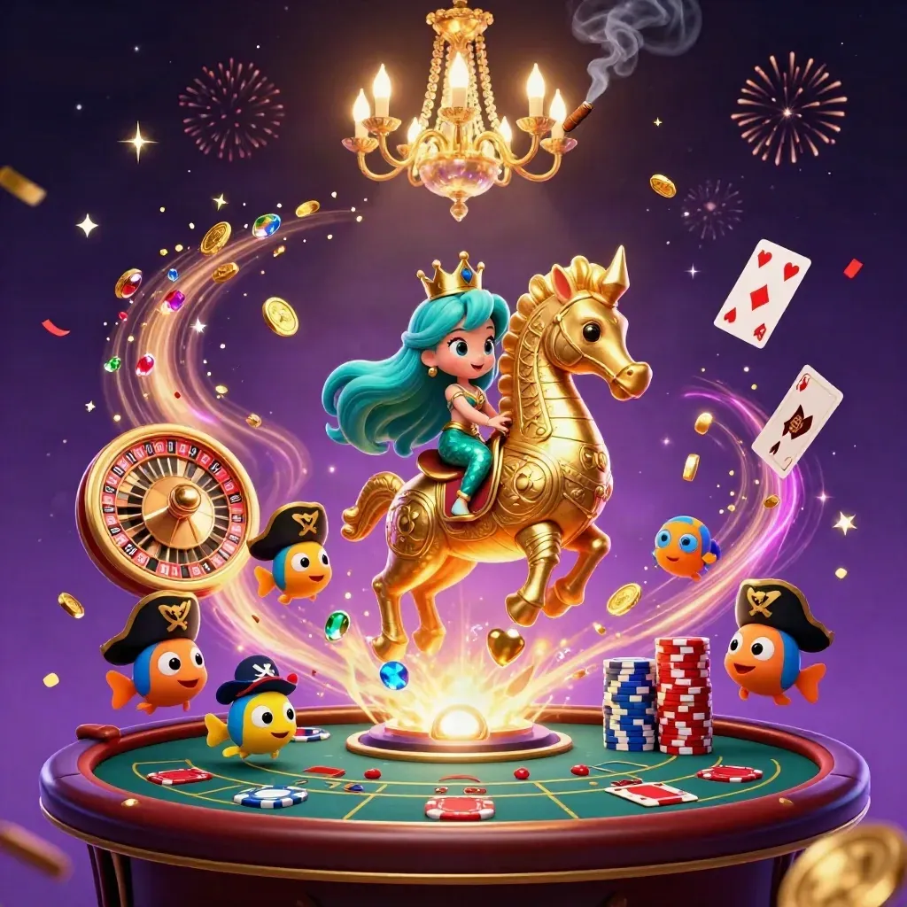Mermaid princess on a seahorse amid casino treasures, chips, cards, stars, and fireworks