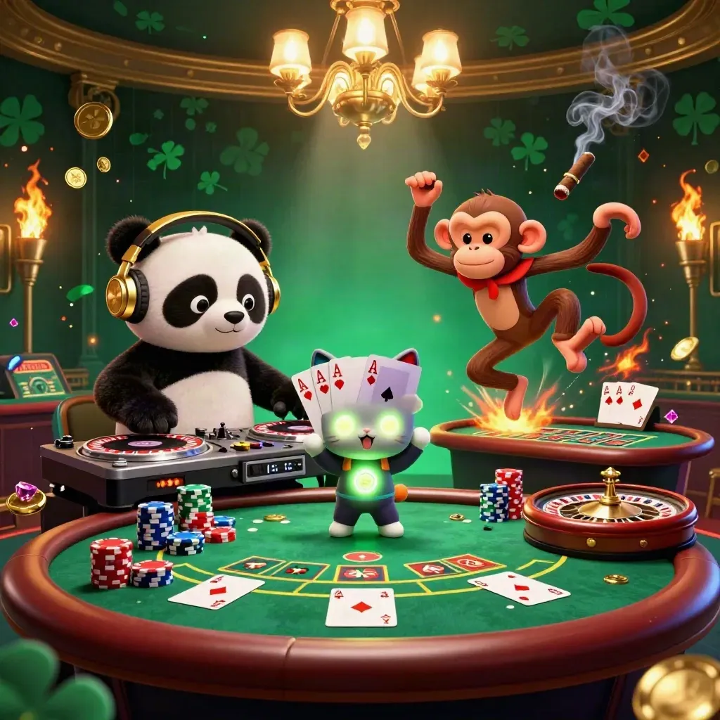 Cartoon panda DJ, monkey, and kitten in a luxe casino room with poker, roulette, and glowing lights.