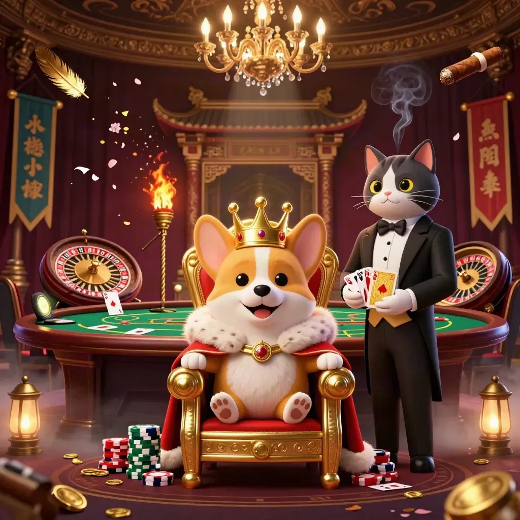 Royal corgi and cat butler in a luxe casino hall with spinning wheel, cards, fog, and gold light