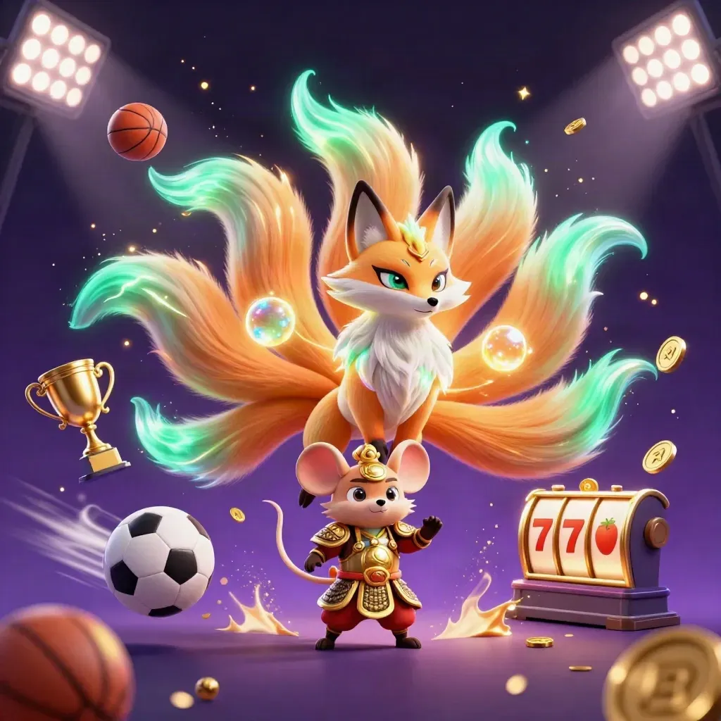 Neon fox spirit and samurai mouse amid coins, sports balls, trophy, and magical casino energy