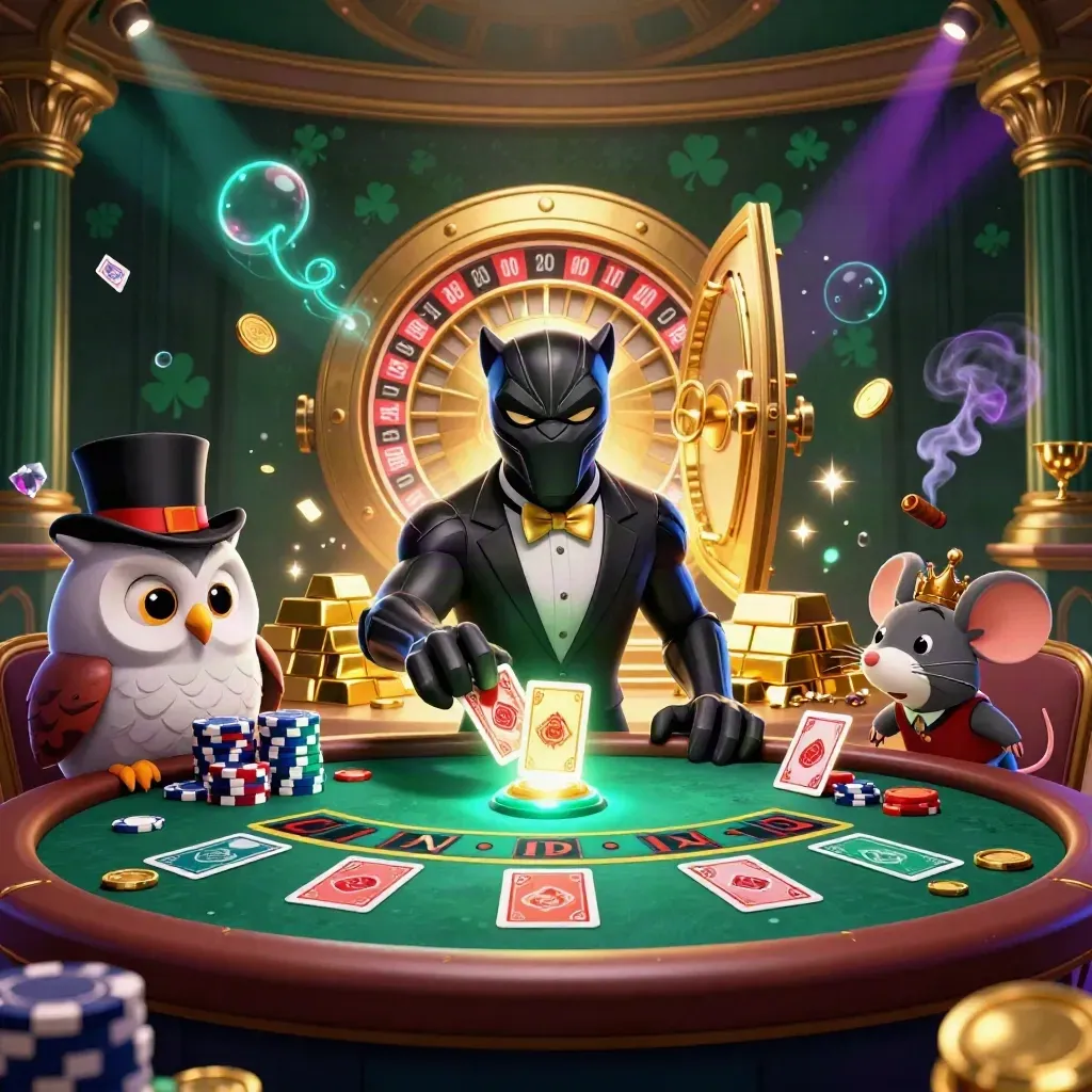 Panther, owl, and mouse in a luxe vault room with gold, gems, and glowing casino lights.