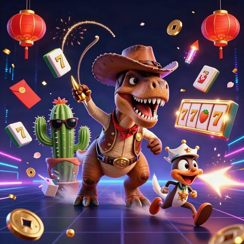 Cowboy T-Rex, cactus sidekick, and sheriff roadrunner amid casino gems and neon effects