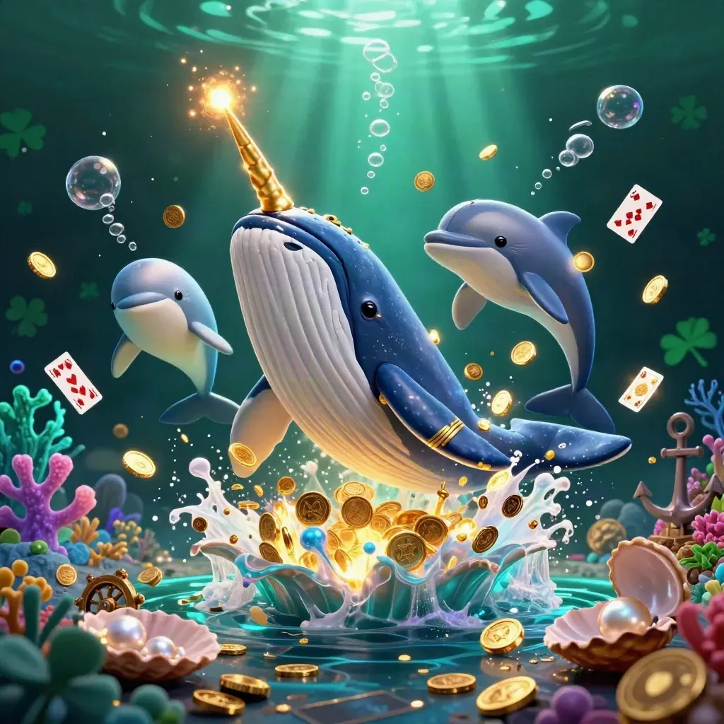 Captain whale, narwhal, and dolphins surge through a gold coin treasure cove in emerald neon.