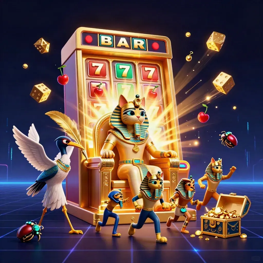 Pharaoh cat, ibis scribe, and gem-winged scarabs amid a bursting slot machine and gold treasure.