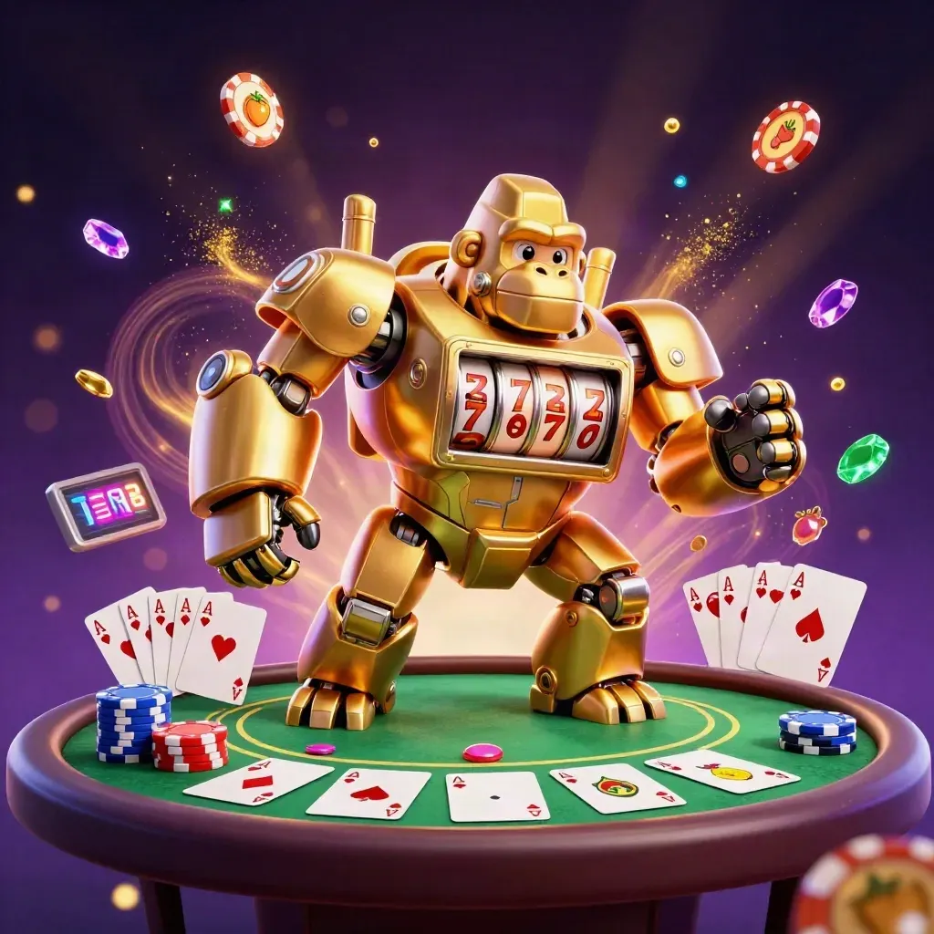 Golden gorilla slot mech with tiny monkey pilot bursts with chips, cards, and casino magic.