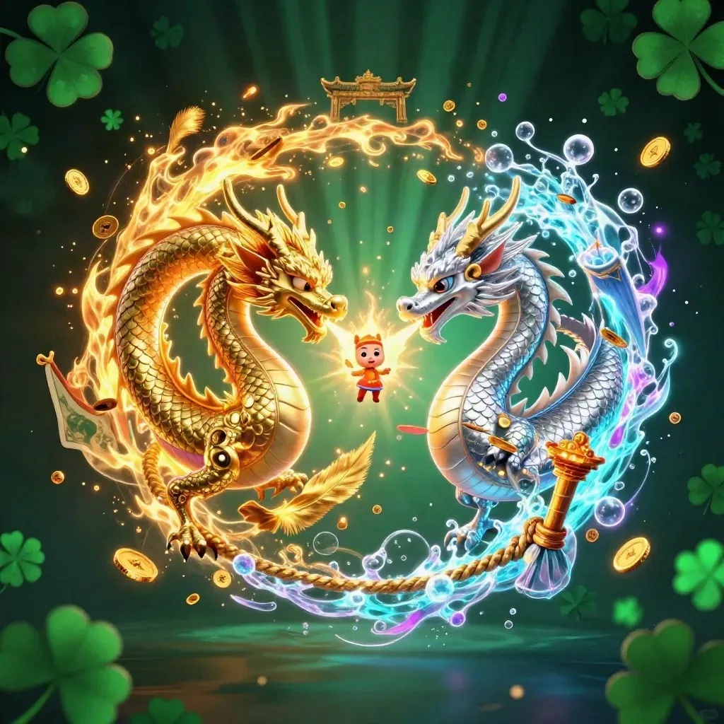 Twin gold and silver dragons swirl in fire-and-ice yin-yang amid treasure and an ancient gate.
