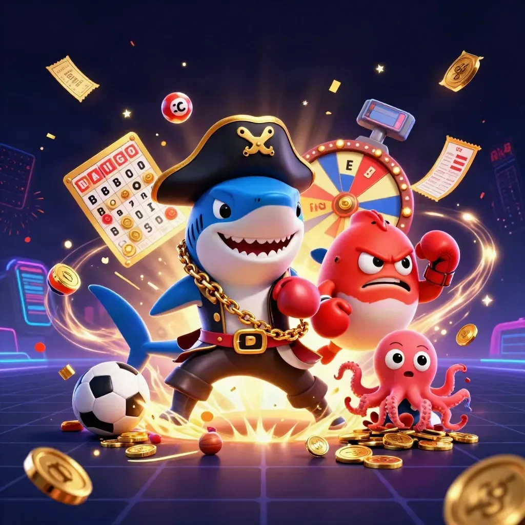 Pirate shark, boxing pufferfish, and juggling octopus amid casino treasure and fireworks