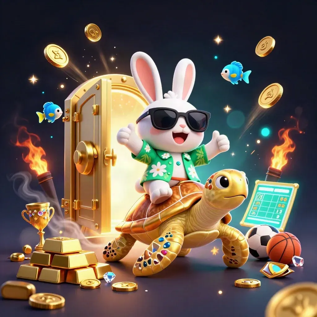 Lucky rabbit rides a jeweled sea turtle through a bursting vault of gold, gems, coins, and fireworks.