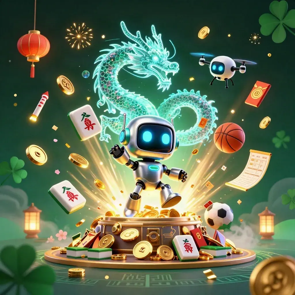 Robot, holographic dragon, and drone burst treasure, coins, lanterns, and fireworks from a vault.