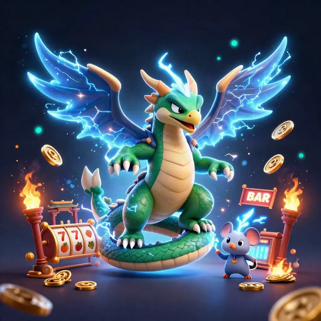 Thunder dragon, wind hawk, and crackling mouse amid casino symbols and temple flames