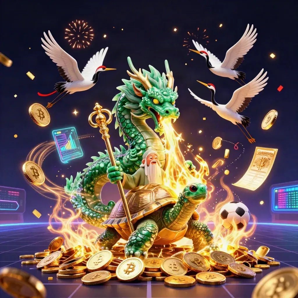 Emerald dragon, turtle sage, cranes, coins, and casino symbols erupt in a gold-lit vault blast.