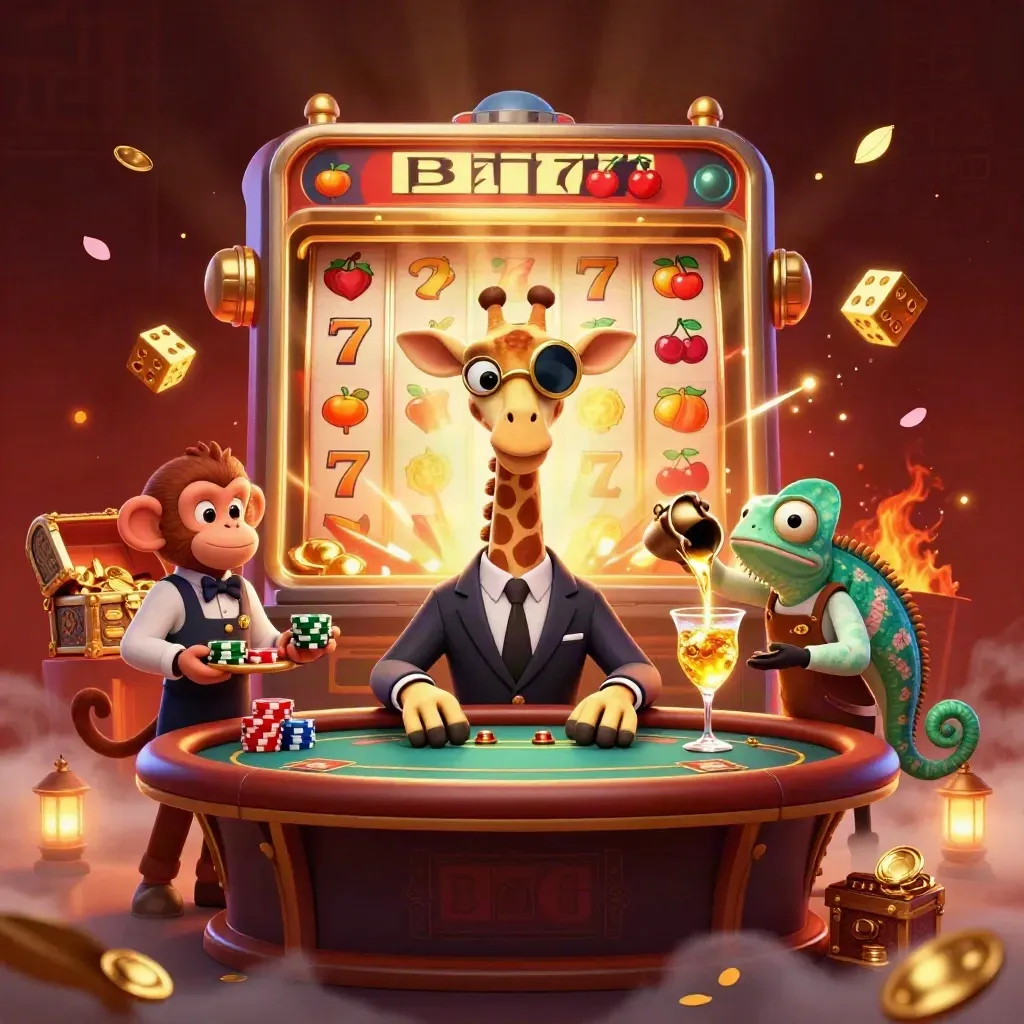 Luxury giraffe, monkey valet, and chameleon bartender amid jackpot chaos and glowing casino riches