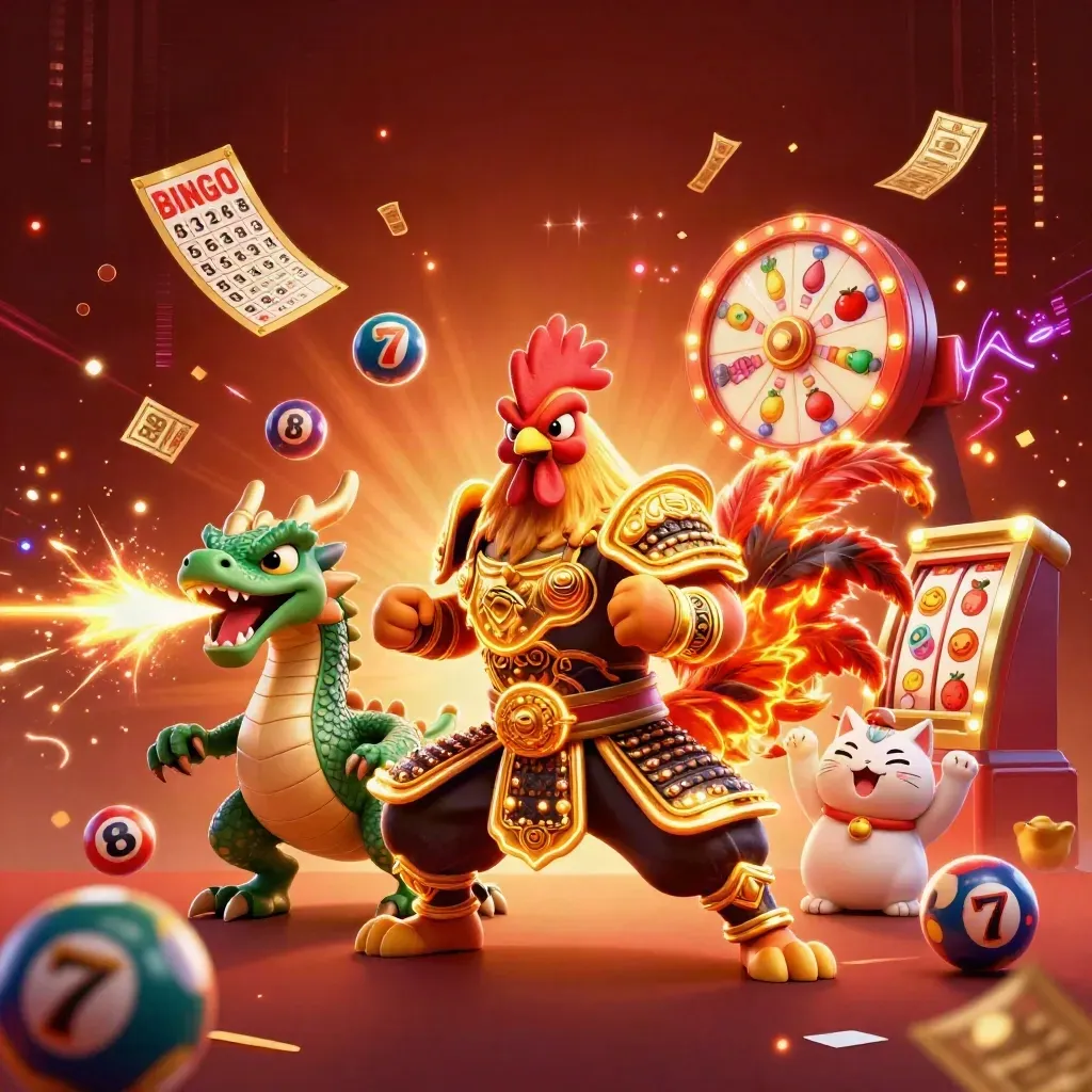 Rooster warrior, dragon hatchling, and cheering fortune-cat amid casino symbols and glowing embers.