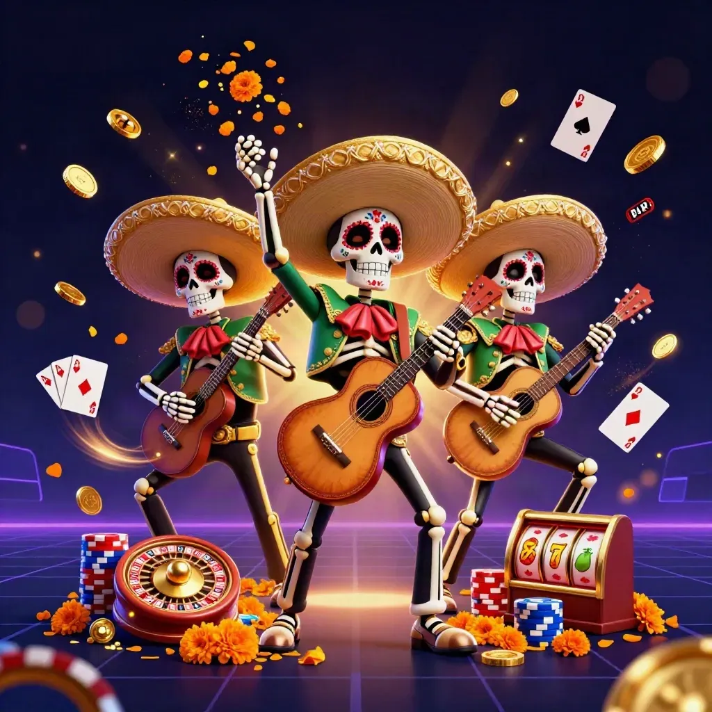 Three skeleton mariachi performers amid coins, roulette wheel, cards, chips, and slot symbols.