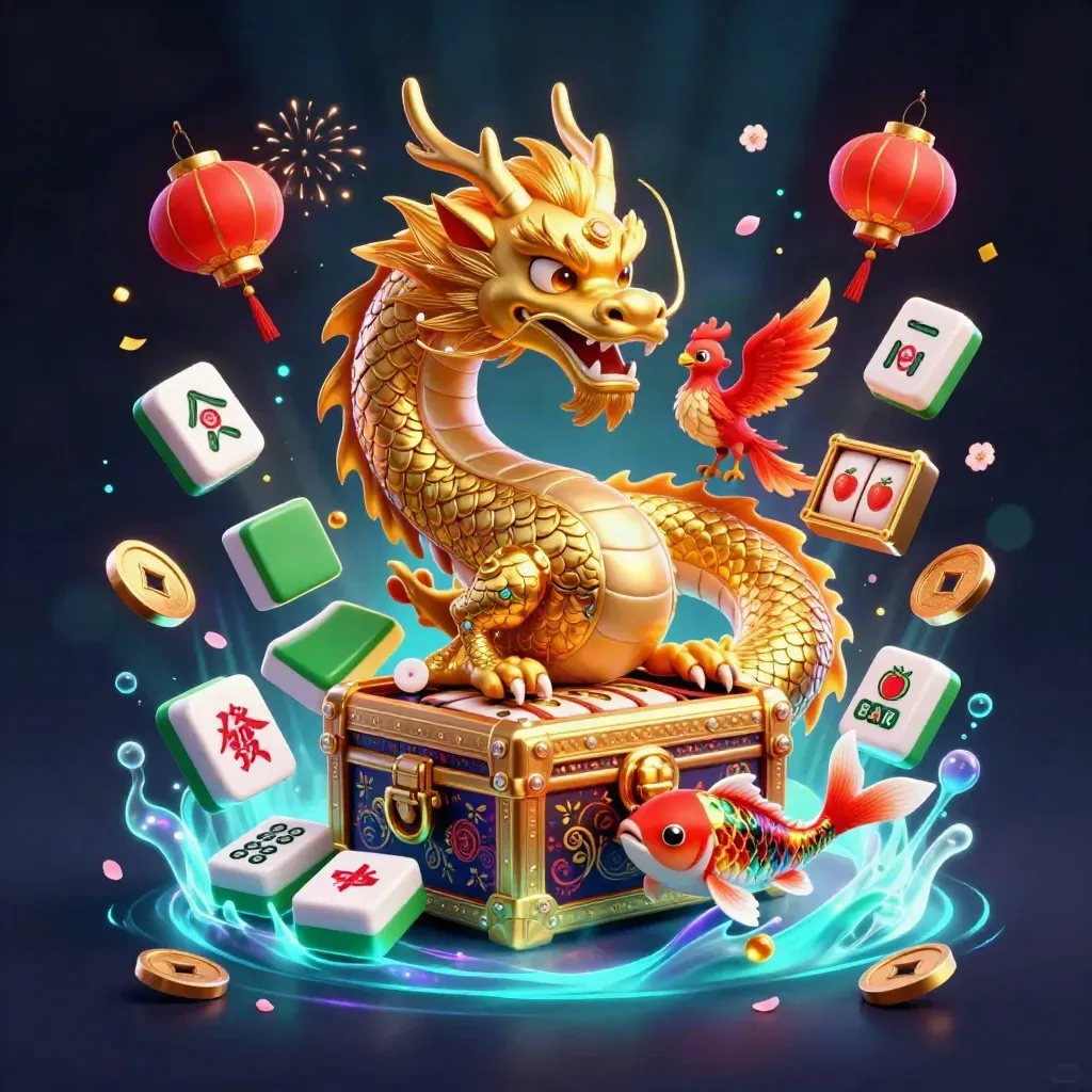Golden dragon, phoenix, koi, treasure chest, and casino symbols bursting in a dark luxury scene.