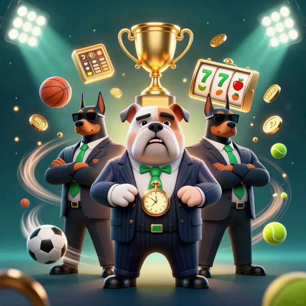 Bulldog mob boss and two Doberman guards amid casino sports balls, coins, reels, and gold light.